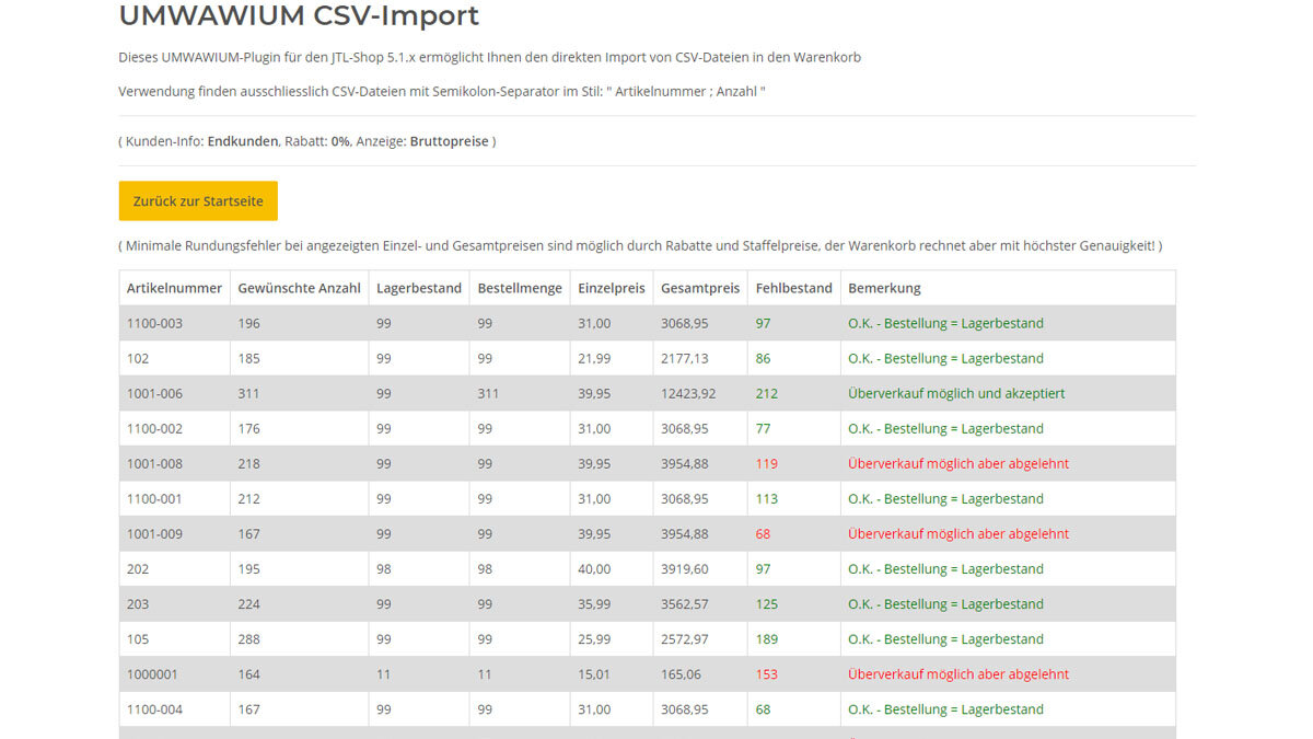 Analyse der CSV-Datei und Setzen von Optionen