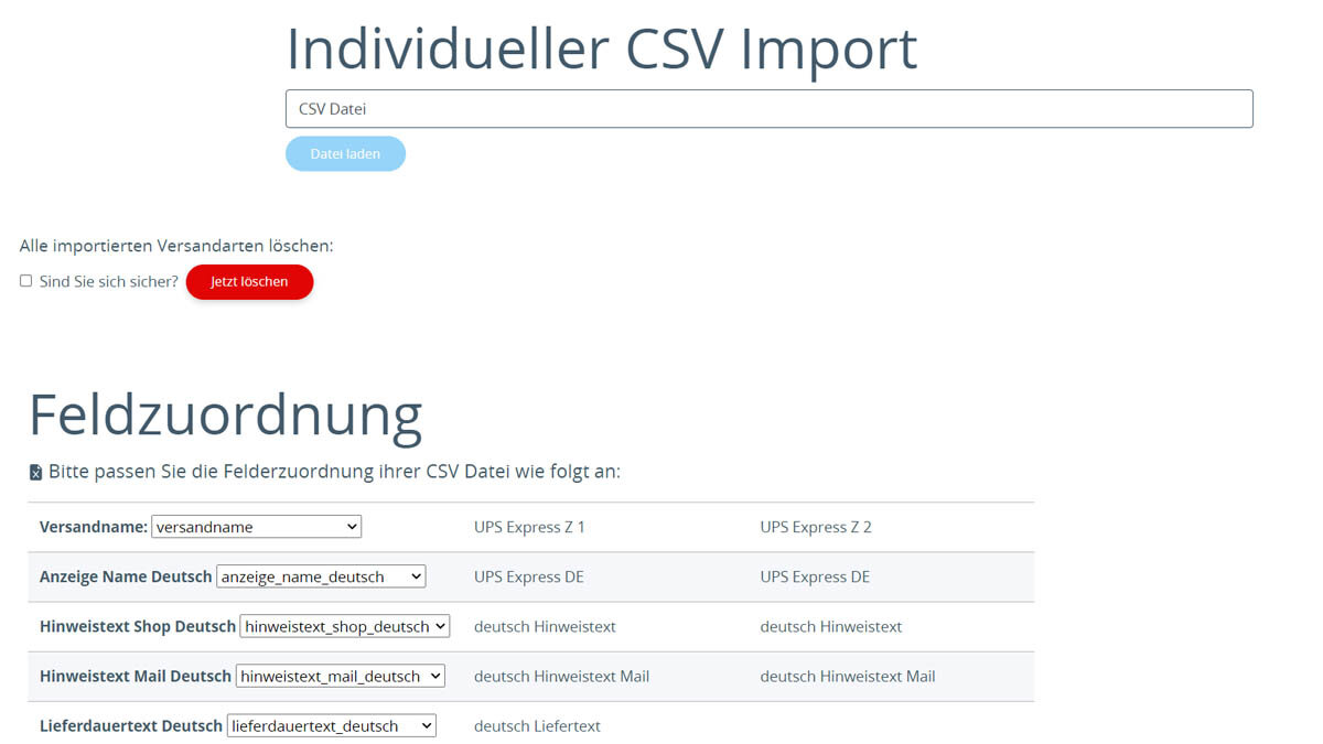 Versandarten importieren mit CSV Datei